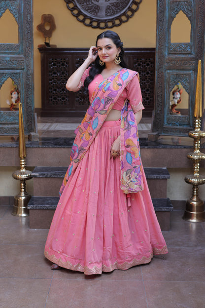 Anaya Peach Cosmos Silk Lehenga Set