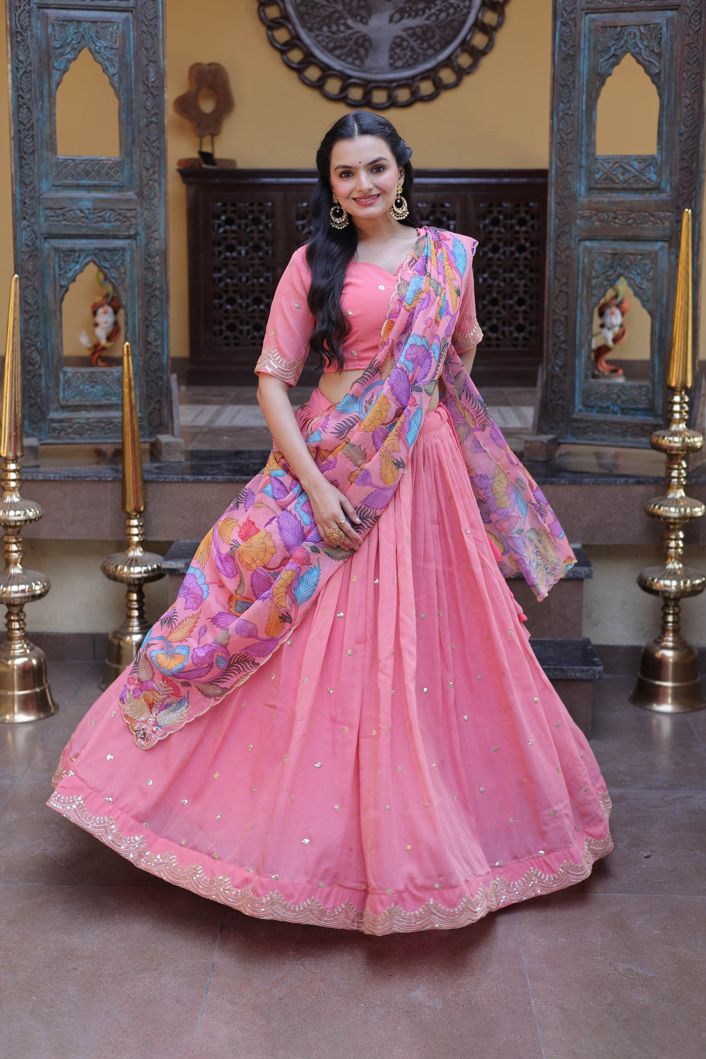 Anaya Peach Cosmos Silk Lehenga Set