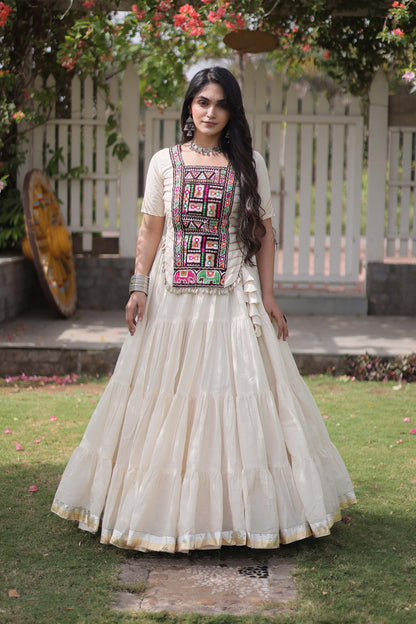 Savitri Kutchi Off-White Kora Cotton Lehenga Set