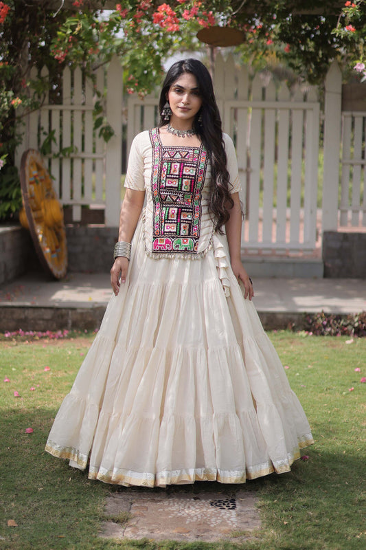 Savitri Kutchi Off-White Kora Cotton Lehenga Set