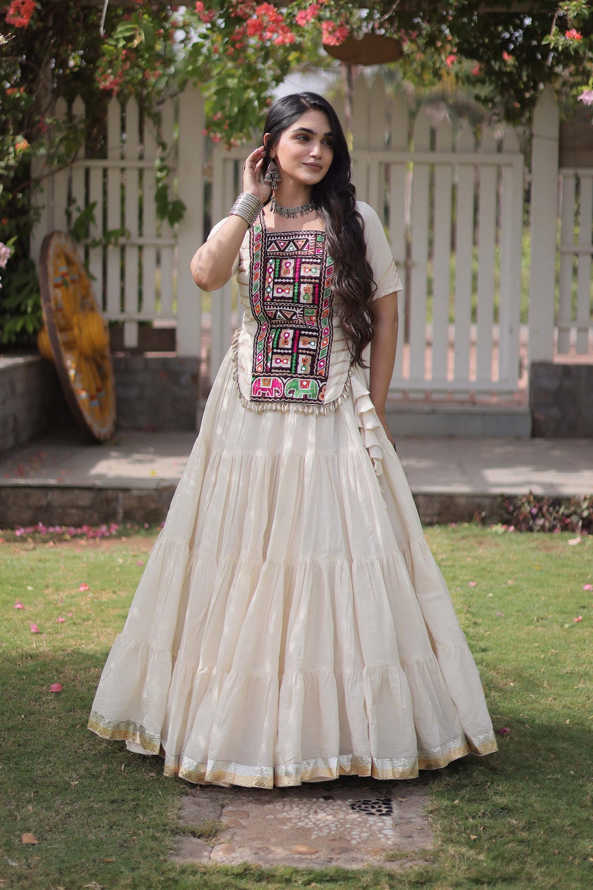 Savitri Kutchi Off-White Kora Cotton Lehenga Set