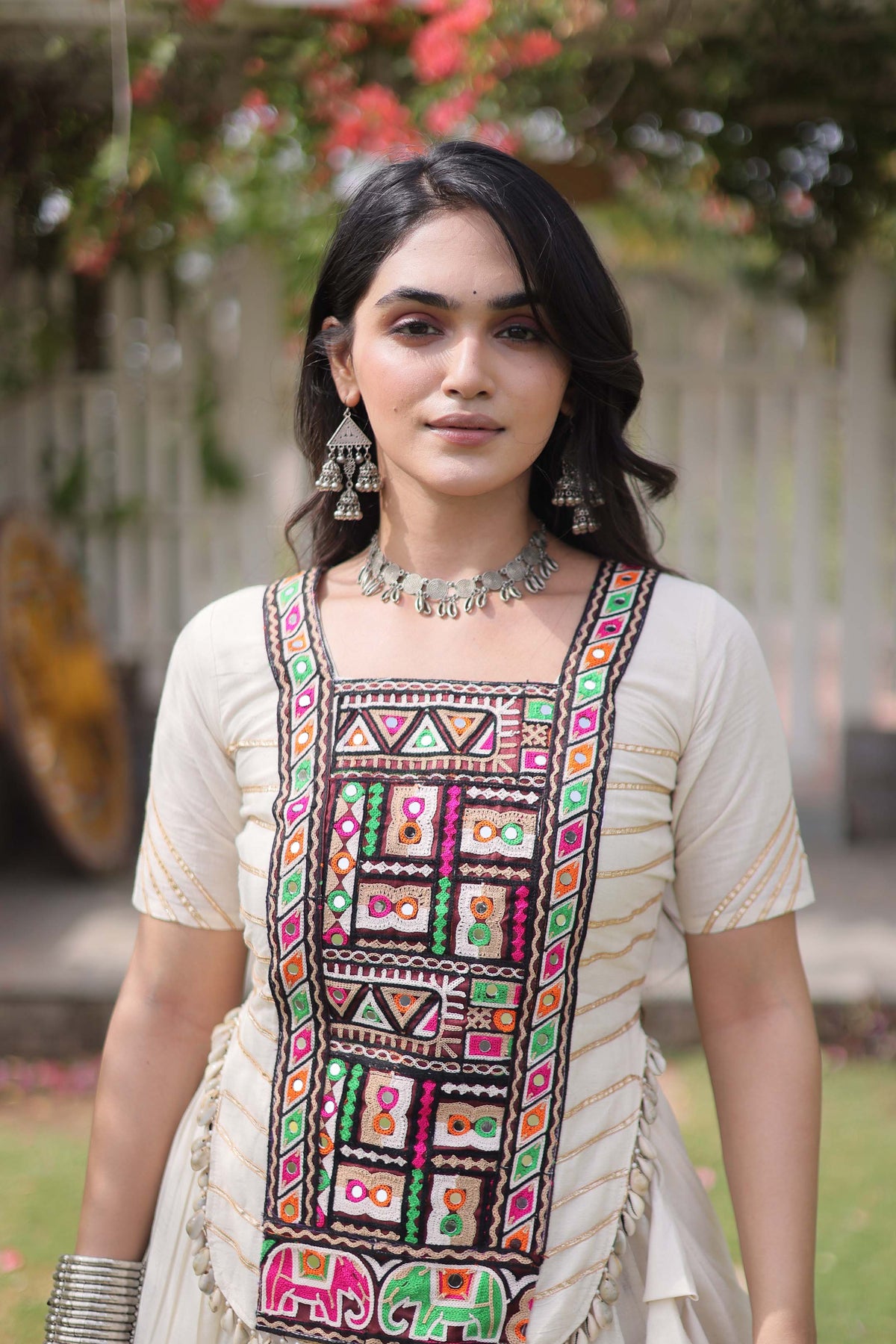 Savitri Kutchi Off-White Kora Cotton Lehenga Set