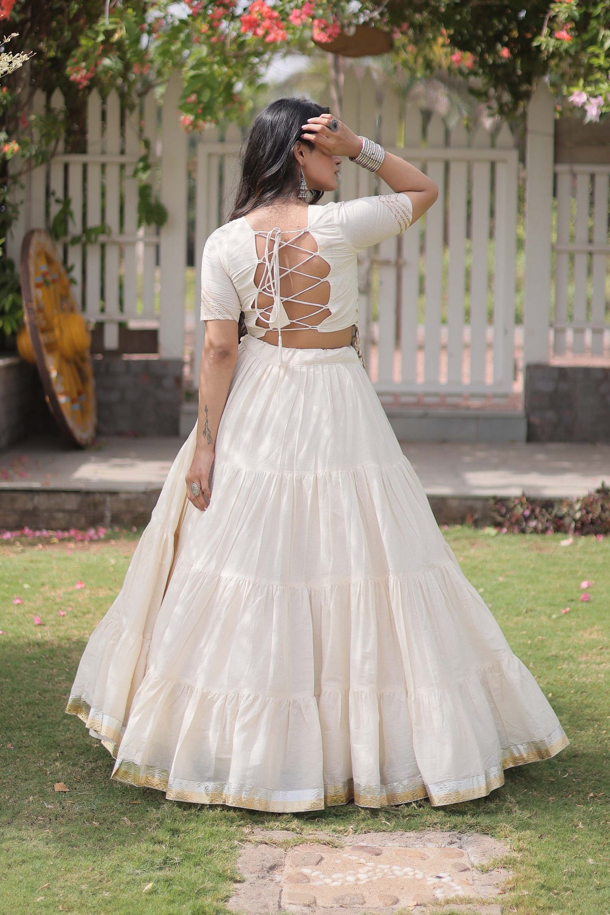 Savitri Kutchi Off-White Kora Cotton Lehenga Set