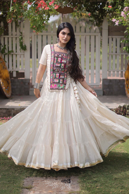 Savitri Kutchi Off-White Kora Cotton Lehenga Set