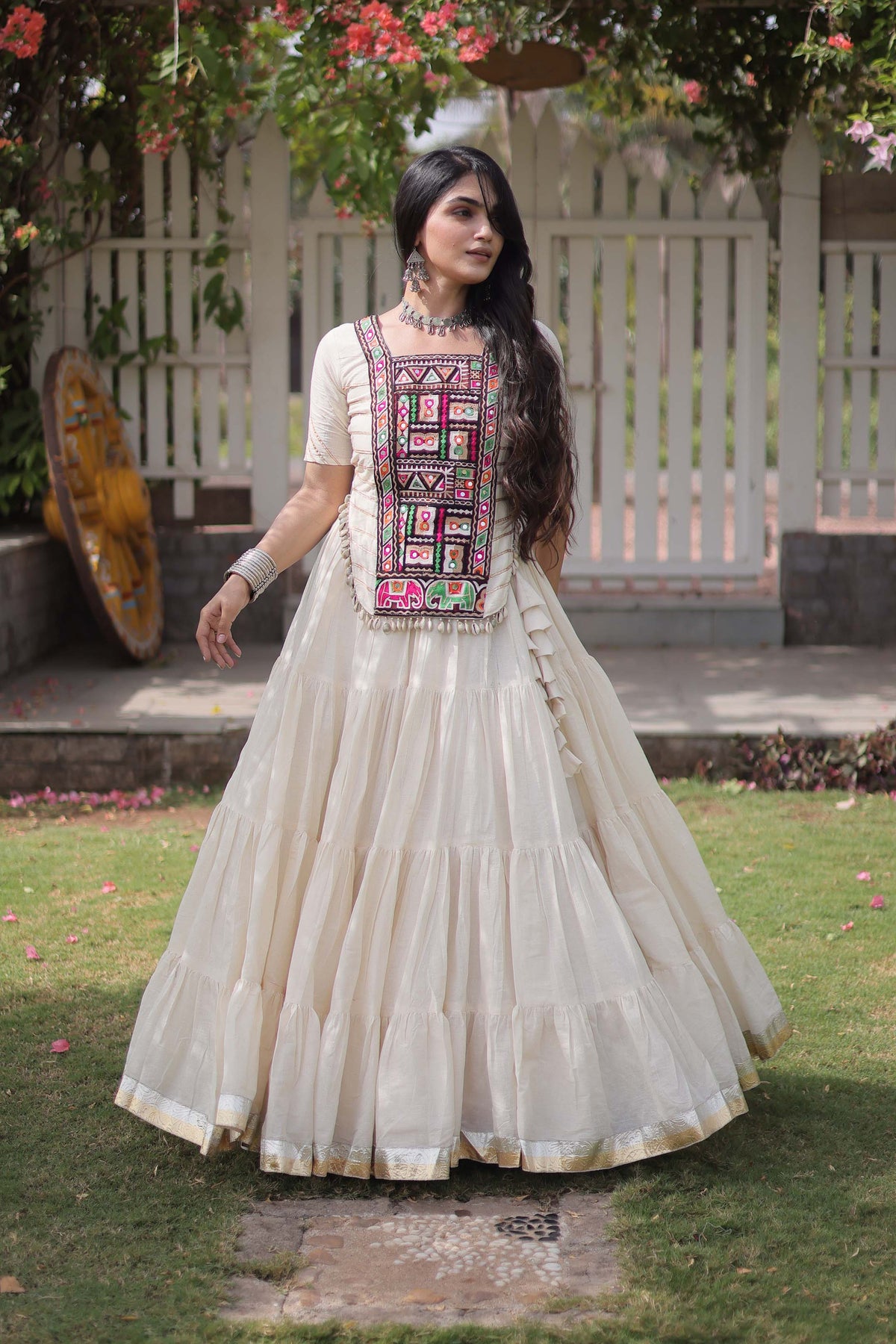 Savitri Kutchi Off-White Kora Cotton Lehenga Set