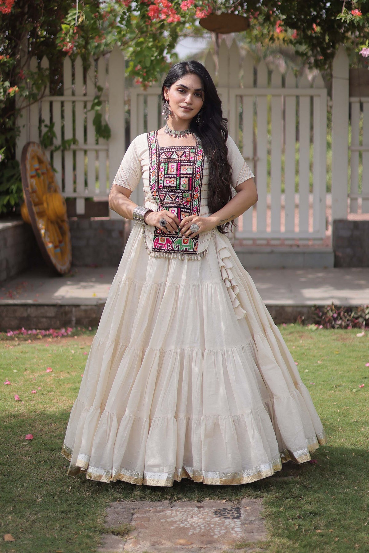 Savitri Kutchi Off-White Kora Cotton Lehenga Set