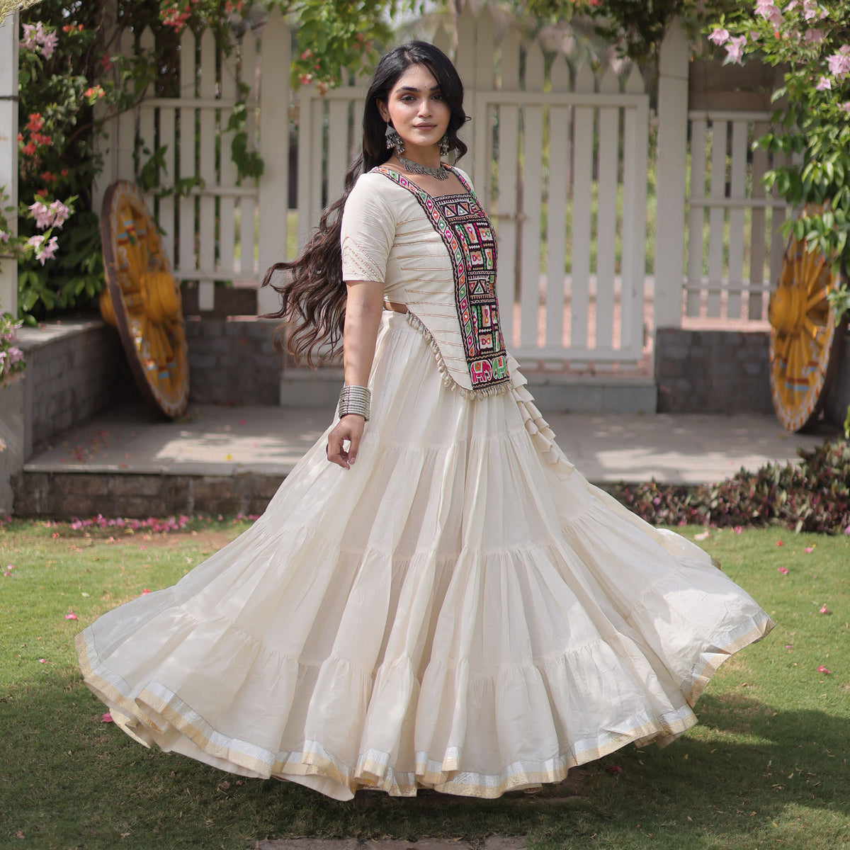 Savitri Kutchi Off-White Kora Cotton Lehenga Set