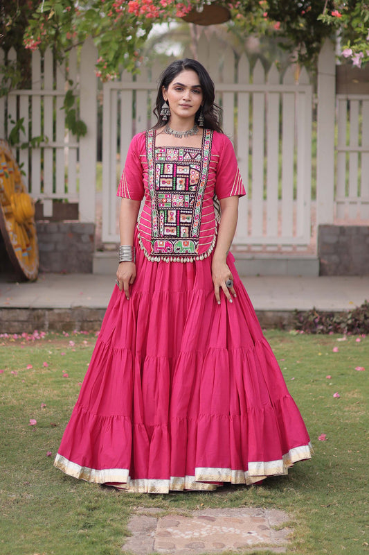 Savitri Kutchi Pink Kora Cotton Lehenga Set