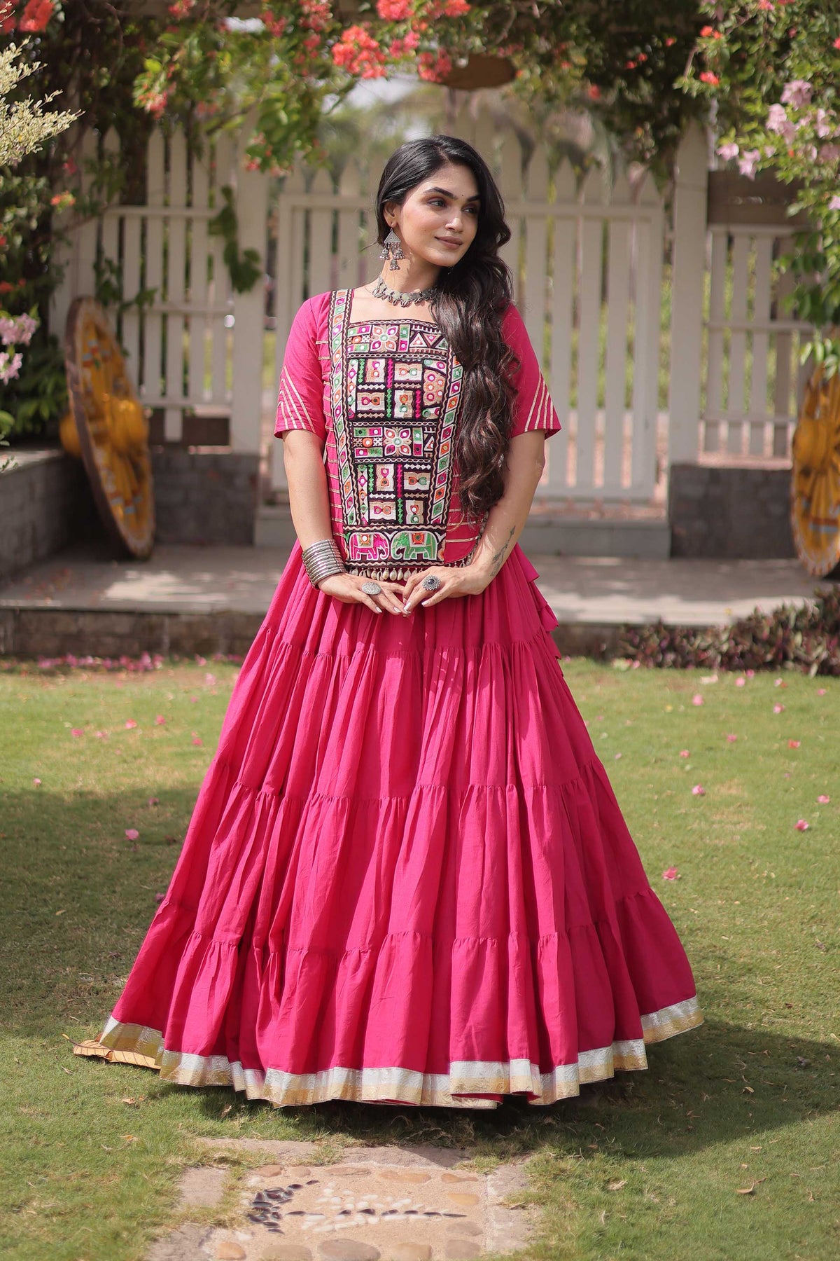 Savitri Kutchi Pink Kora Cotton Lehenga Set
