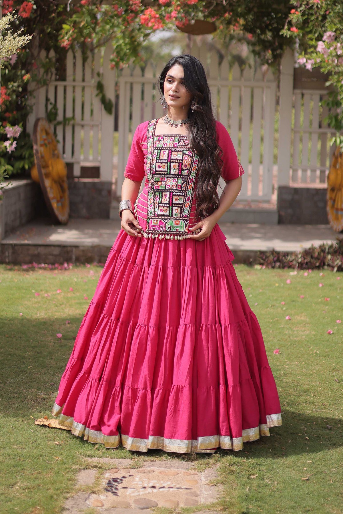 Savitri Kutchi Pink Kora Cotton Lehenga Set