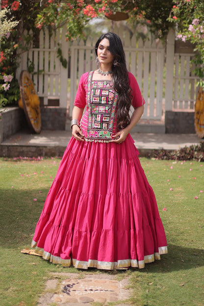 Savitri Kutchi Pink Kora Cotton Lehenga Set