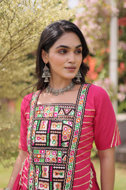 Savitri Kutchi Pink Kora Cotton Lehenga Set