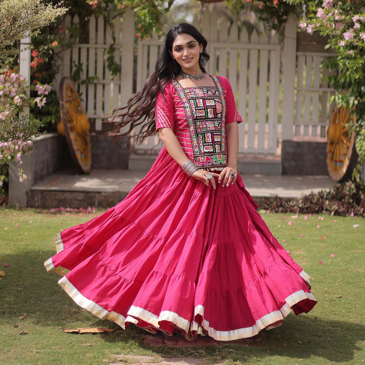 Savitri Kutchi Pink Kora Cotton Lehenga Set