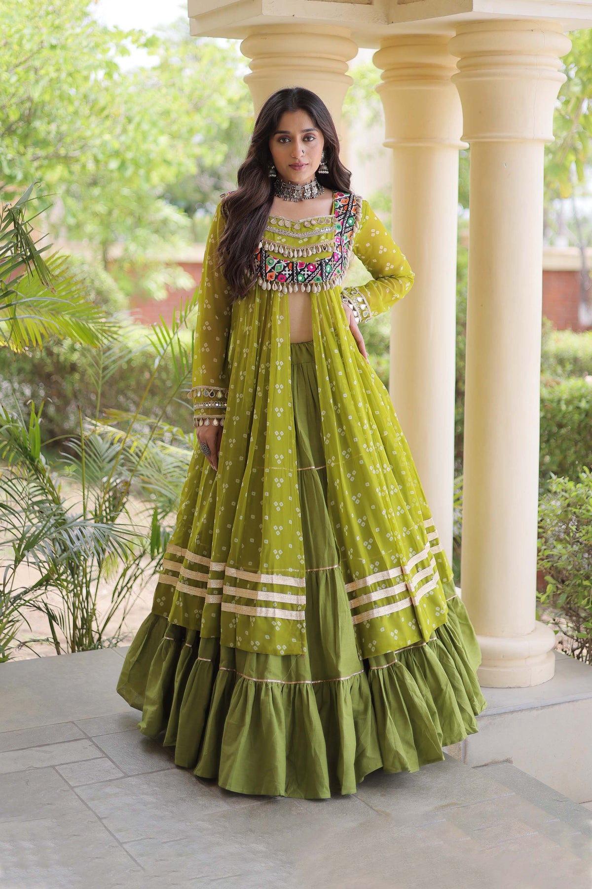 Kiara Parrot Green Bandhani Kutchi Embroidered Lehenga Set