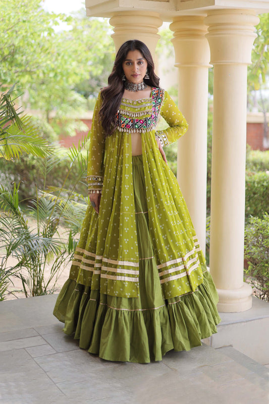 Kiara Parrot Green Bandhani Kutchi Embroidered Lehenga Set
