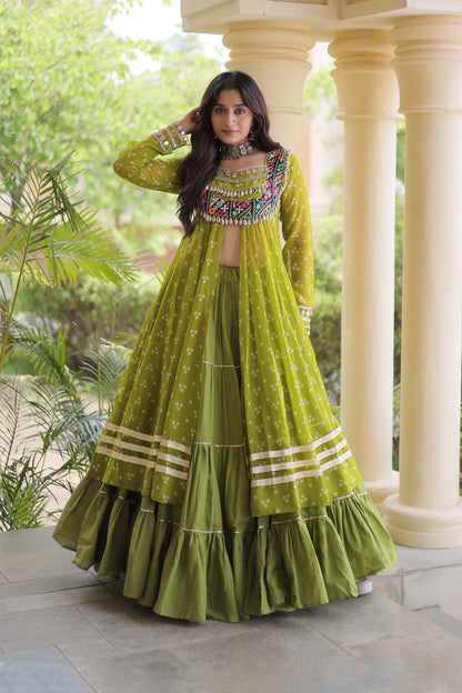 Kiara Parrot Green Bandhani Kutchi Embroidered Lehenga Set