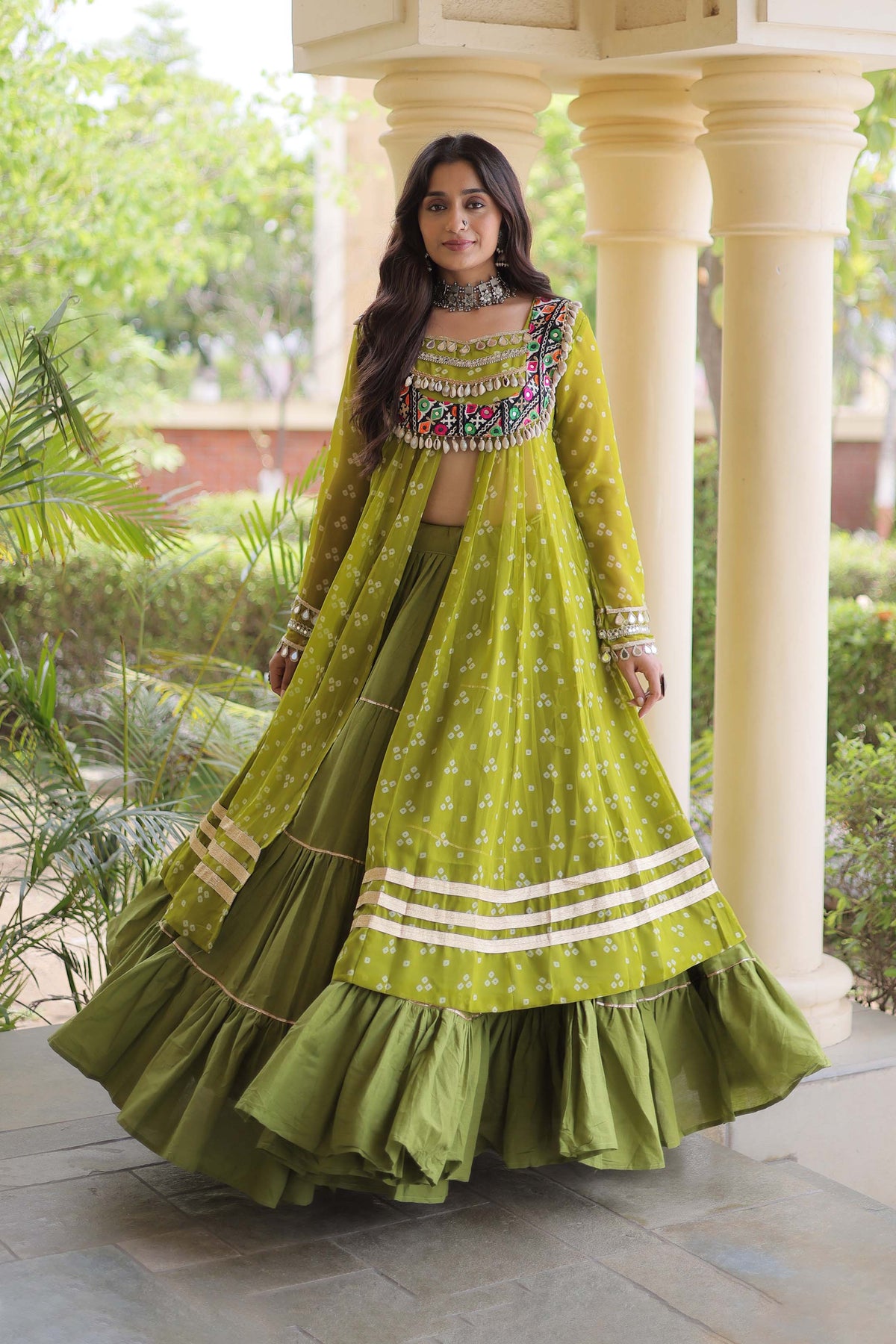 Kiara Parrot Green Bandhani Kutchi Embroidered Lehenga Set