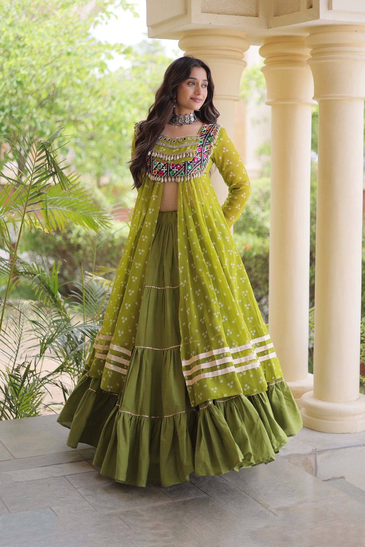 Kiara Parrot Green Bandhani Kutchi Embroidered Lehenga Set