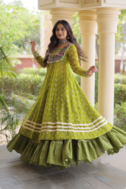 Kiara Parrot Green Bandhani Kutchi Embroidered Lehenga Set