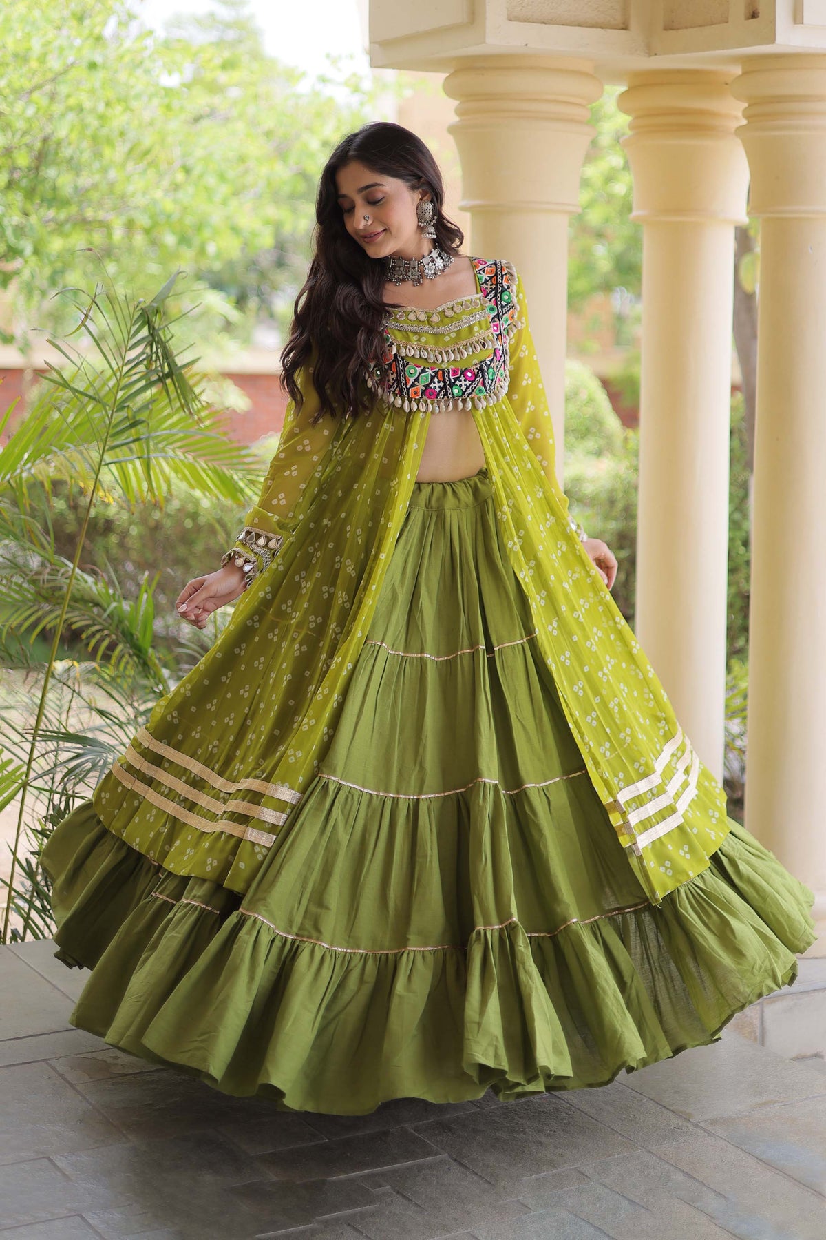 Kiara Parrot Green Bandhani Kutchi Embroidered Lehenga Set