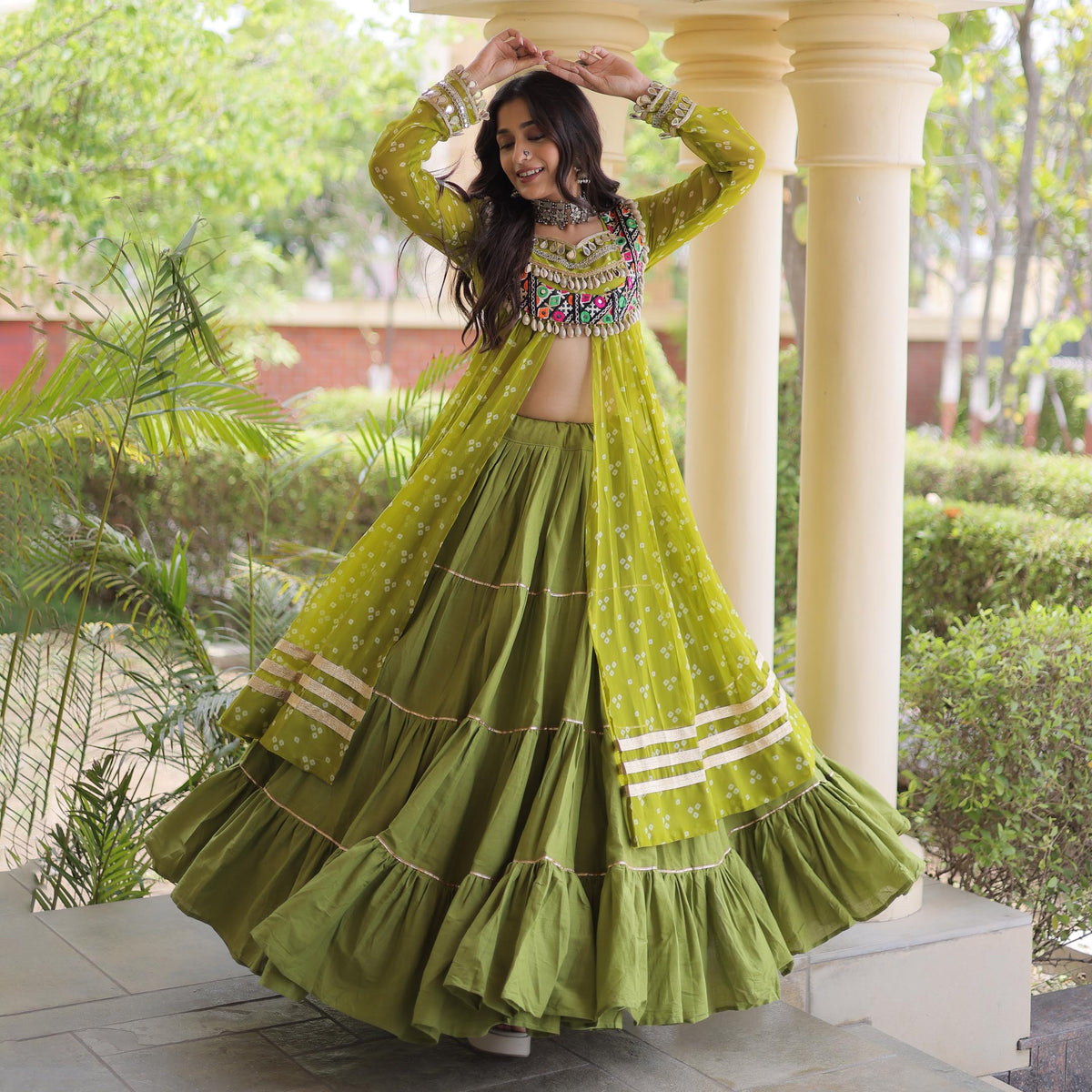 Kiara Parrot Green Bandhani Kutchi Embroidered Lehenga Set