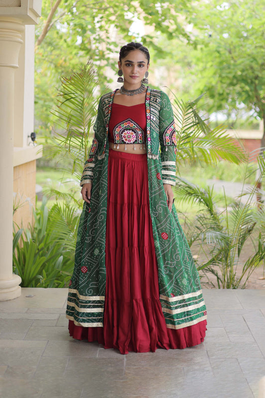 Kutchika Bandhani Green Rayon Lehenga Set