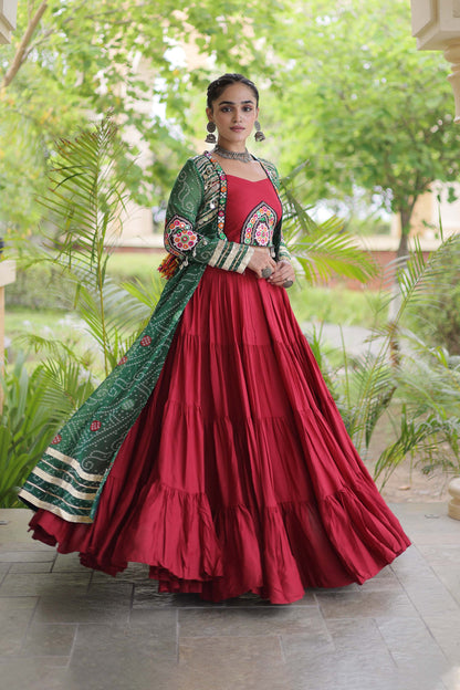 Kutchika Bandhani Green Rayon Lehenga Set