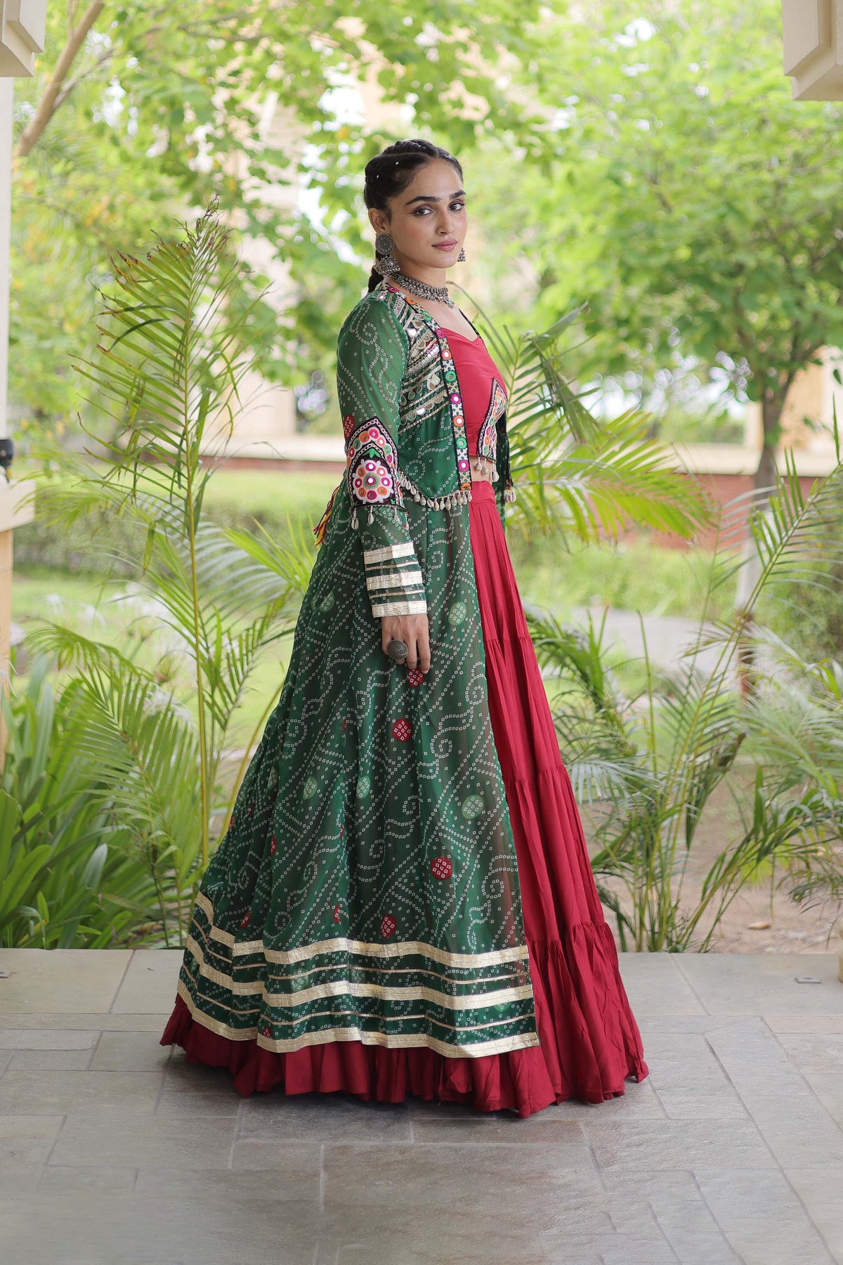 Kutchika Bandhani Green Rayon Lehenga Set