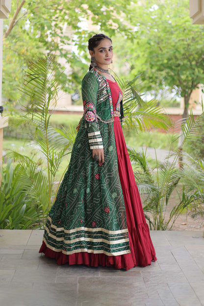 Kutchika Bandhani Green Rayon Lehenga Set