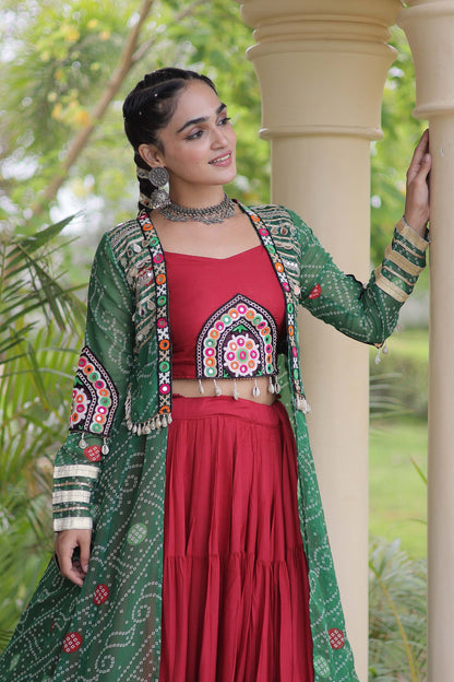Kutchika Bandhani Green Rayon Lehenga Set