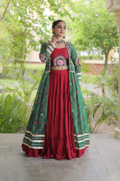 Kutchika Bandhani Green Rayon Lehenga Set