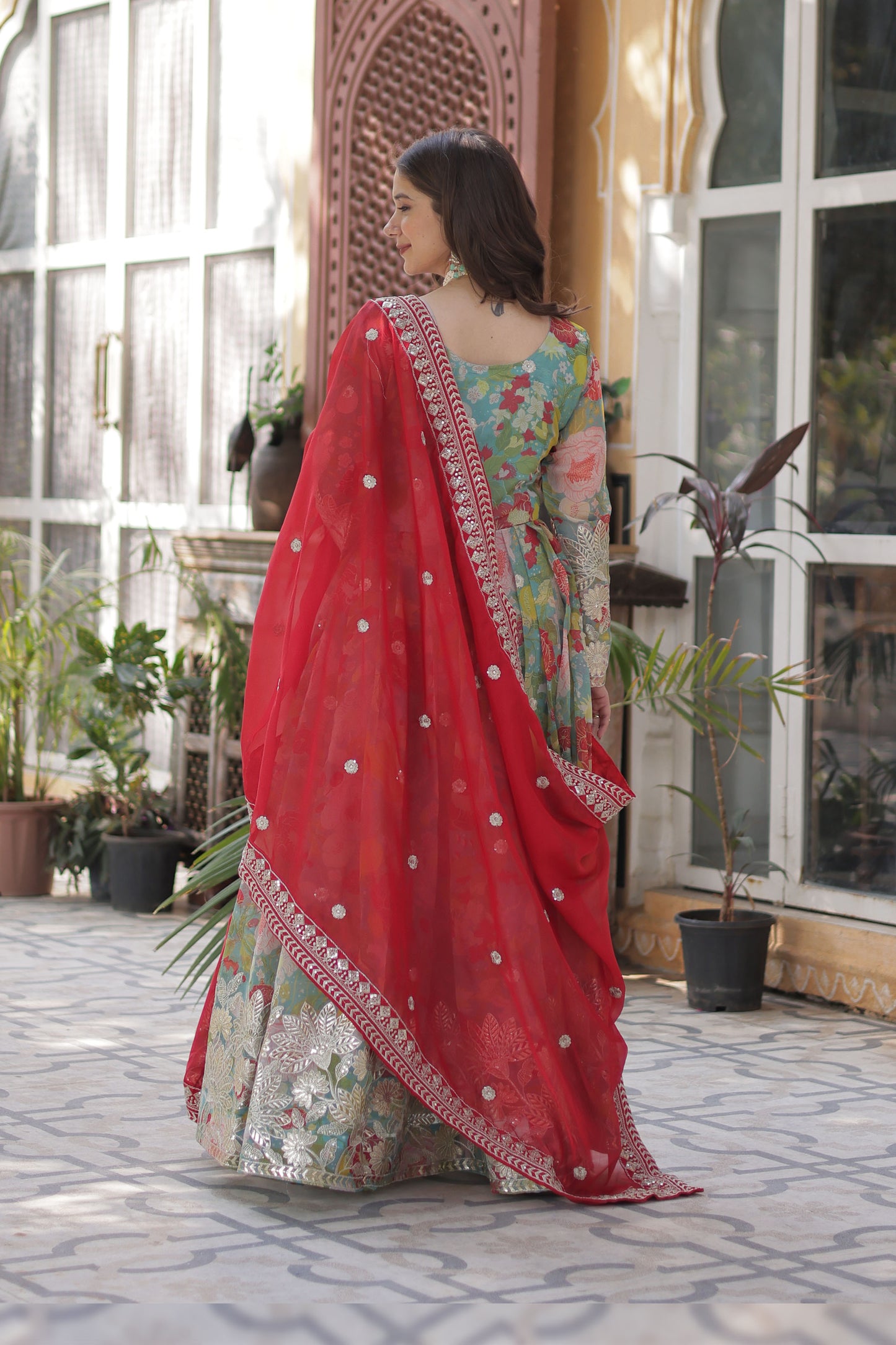 Gulbahar Sky Digital Print Russian Silk Embroidered Gown With Dupatta