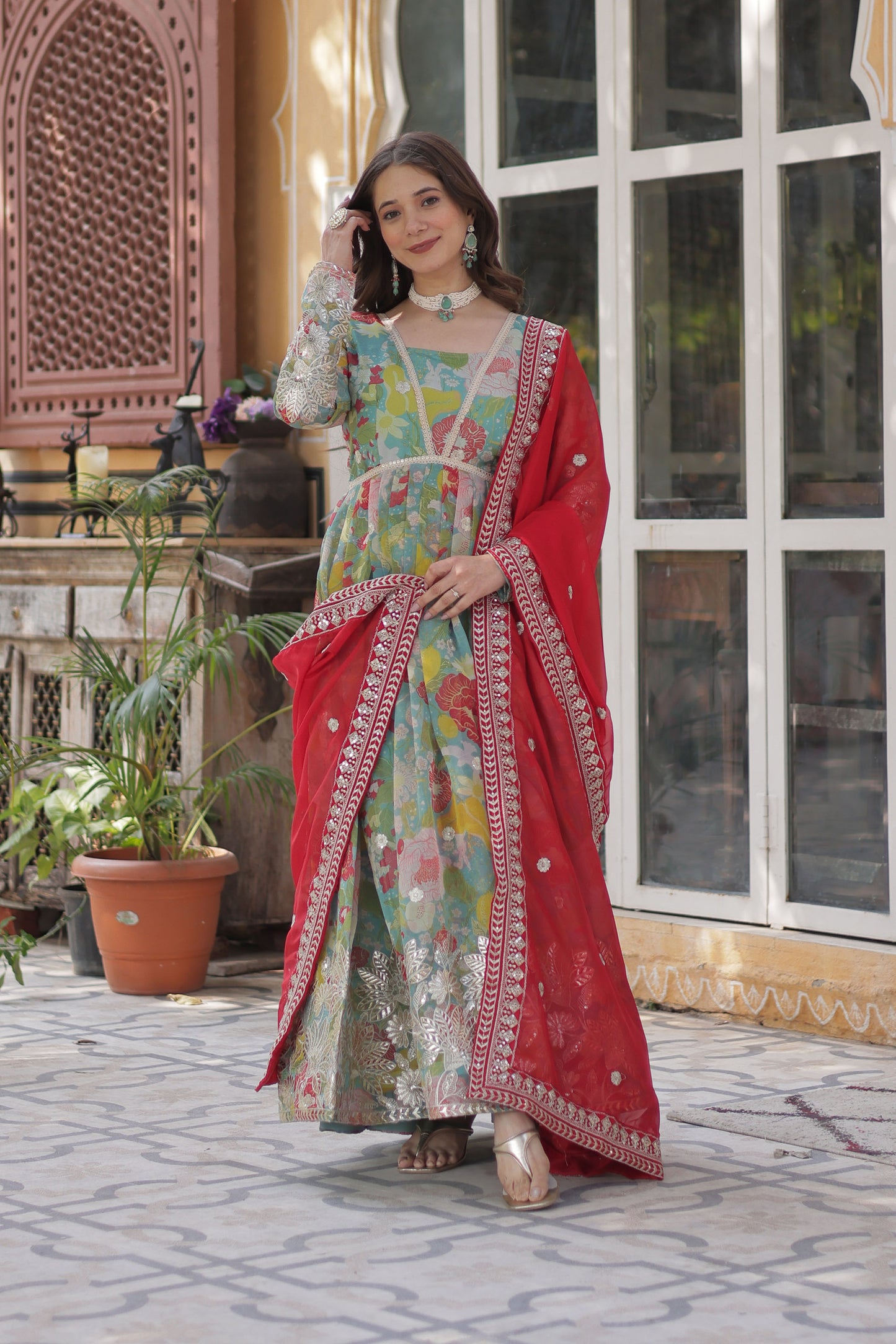 Gulbahar Sky Digital Print Russian Silk Embroidered Gown With Dupatta