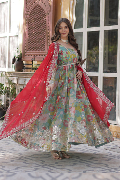 Gulbahar Sky Digital Print Russian Silk Embroidered Gown With Dupatta