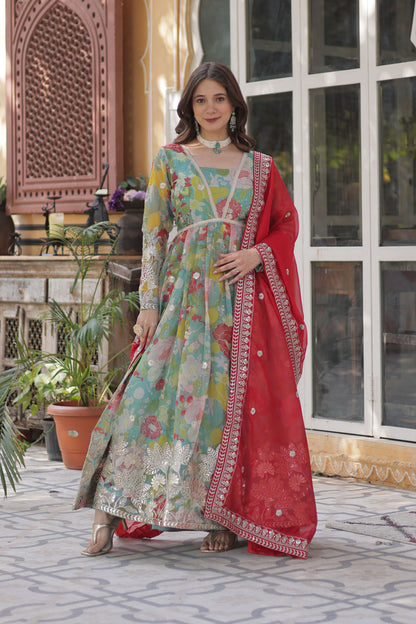 Gulbahar Sky Digital Print Russian Silk Embroidered Gown With Dupatta