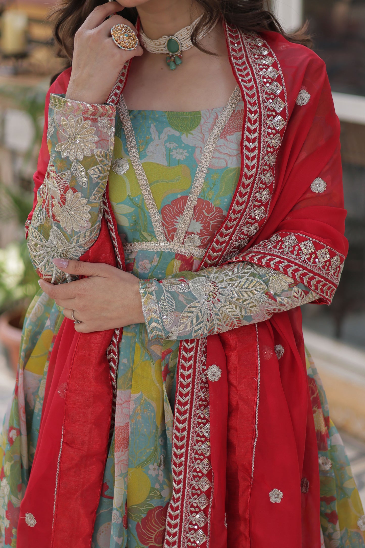 Gulbahar Sky Digital Print Russian Silk Embroidered Gown With Dupatta