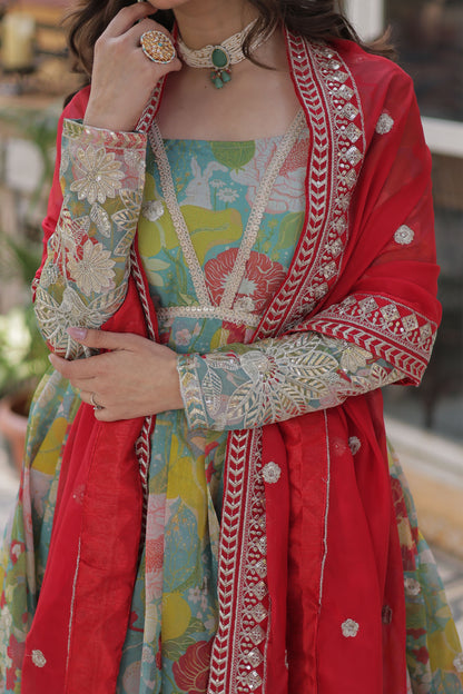 Gulbahar Sky Digital Print Russian Silk Embroidered Gown With Dupatta