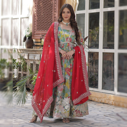 Gulbahar Sky Digital Print Russian Silk Embroidered Gown With Dupatta