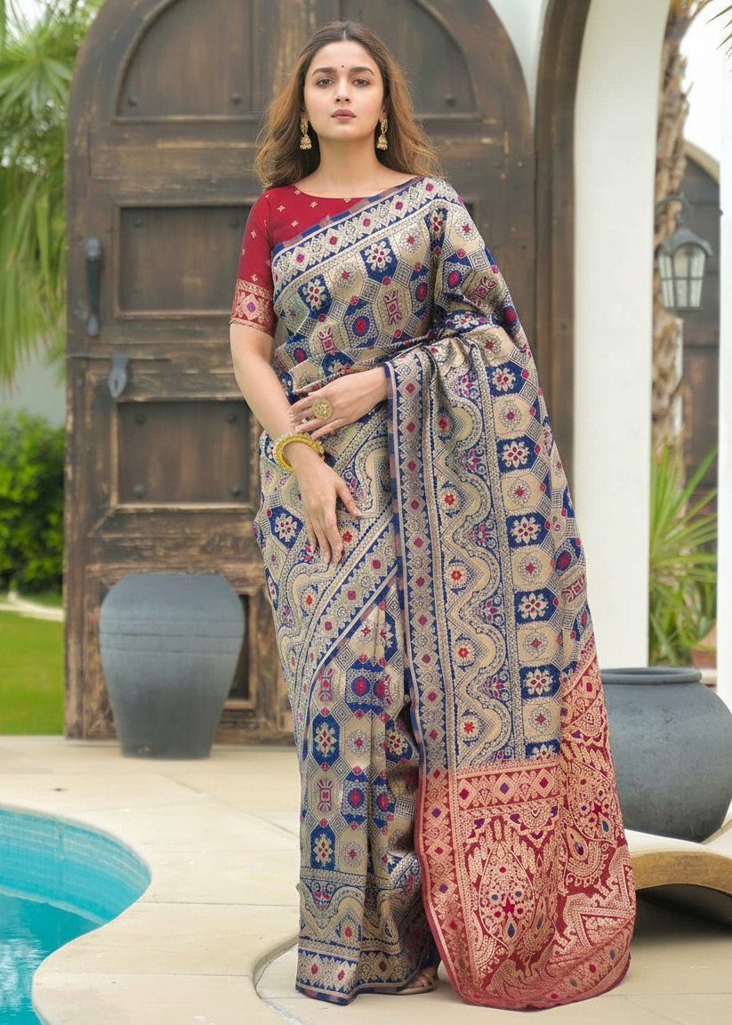 Royal Blue Patola Motifs Banarasi Silk Saree with red border