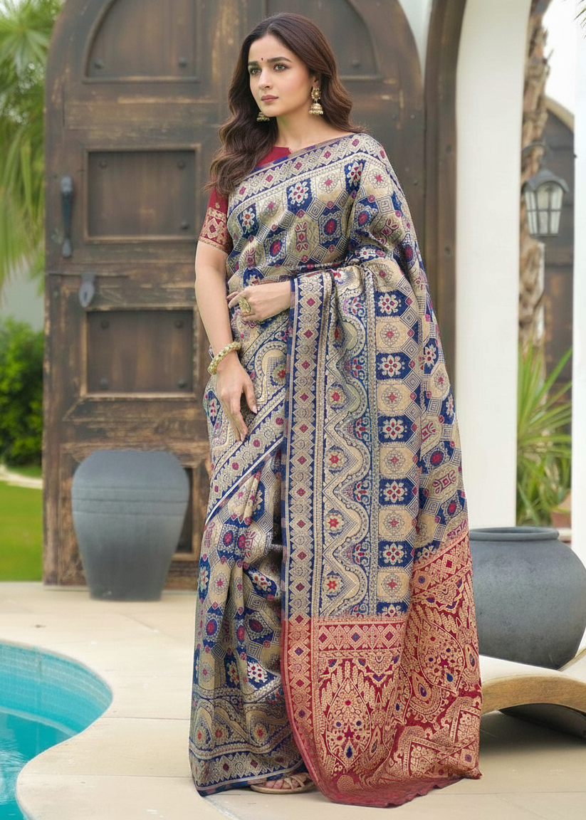 Royal Blue Patola Motifs Banarasi Silk Saree with red border