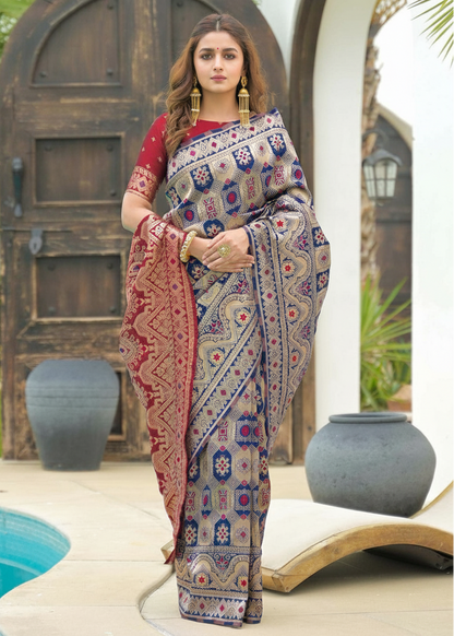 Royal Blue Patola Motifs Banarasi Silk Saree with red border