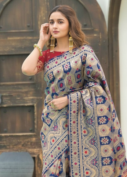 Royal Blue Patola Motifs Banarasi Silk Saree with red border