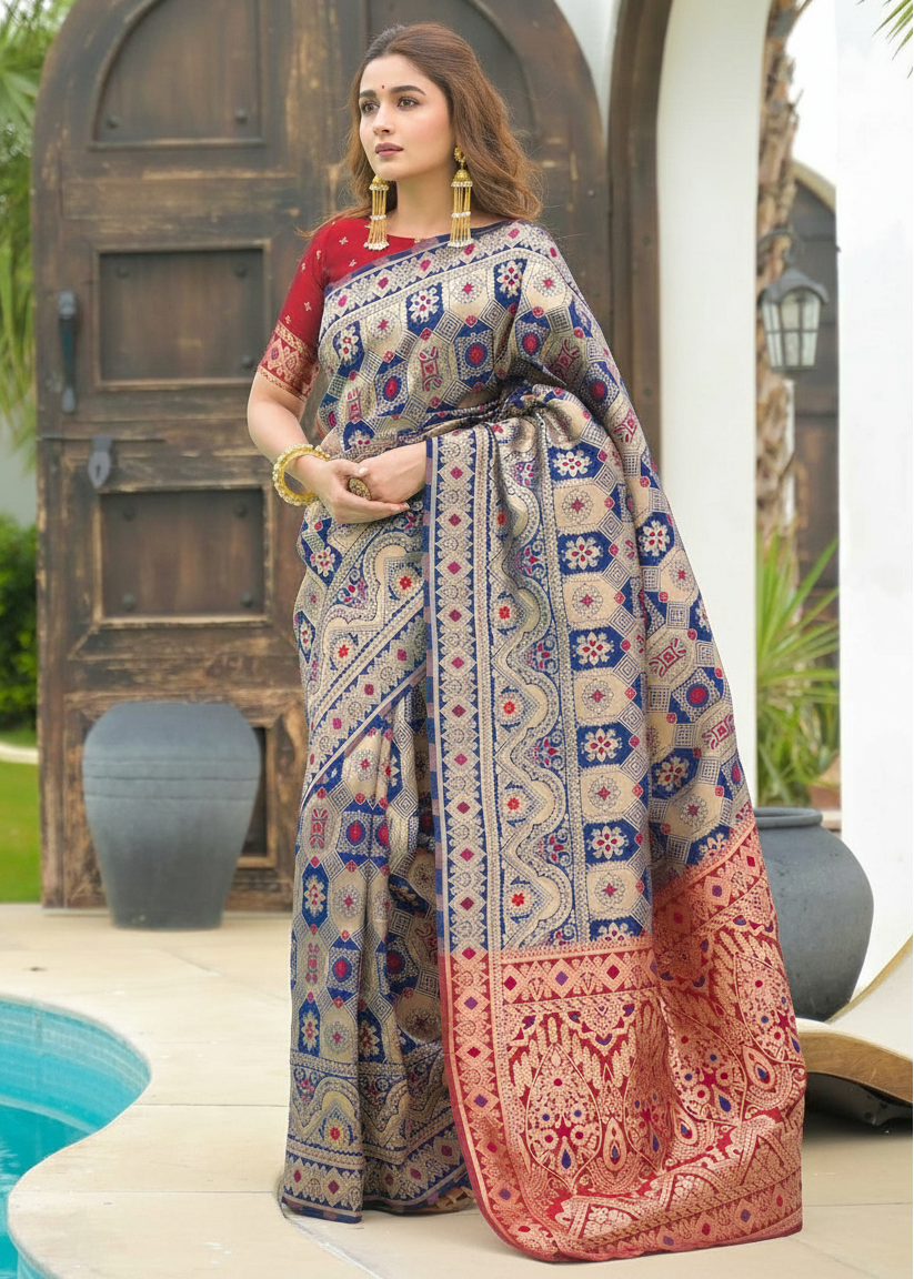 Royal Blue Patola Motifs Banarasi Silk Saree with red border