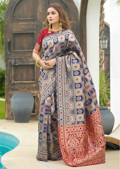 Royal Blue Patola Motifs Banarasi Silk Saree with red border