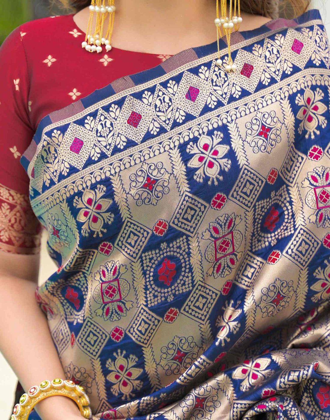 Royal Blue Patola Motifs Banarasi Silk Saree with red border