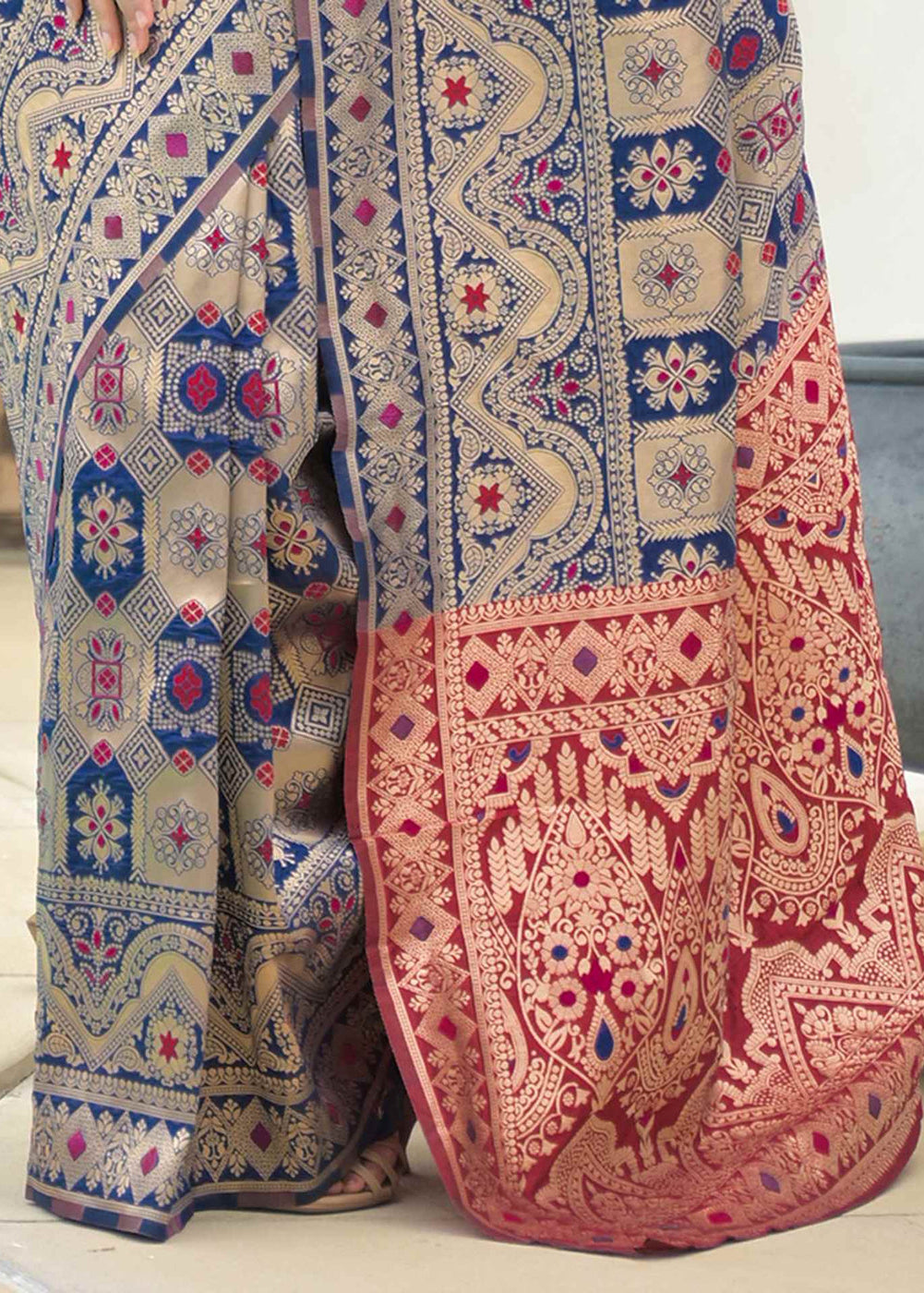 Royal Blue Patola Motifs Banarasi Silk Saree with red border