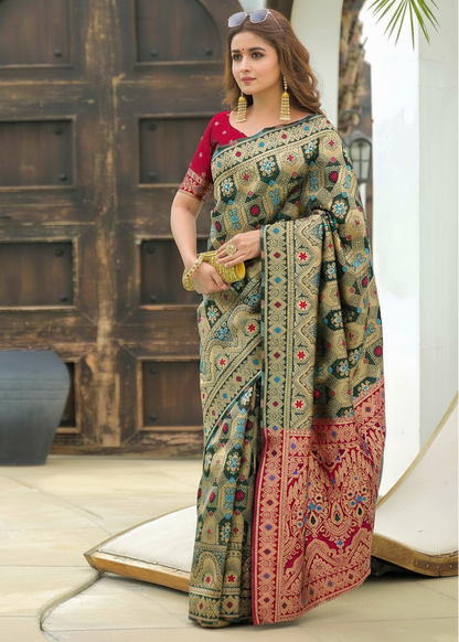 Sage Green Patola Motifs Banarasi Silk Saree with pink pallu