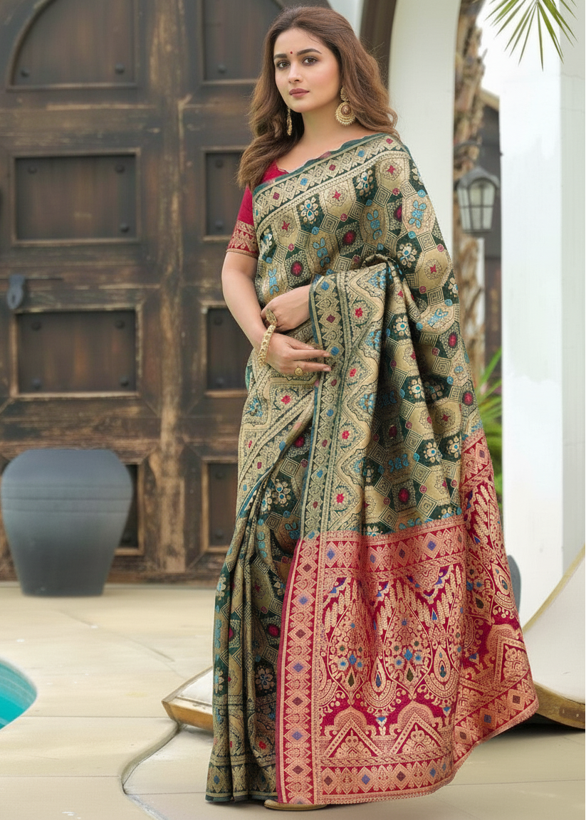 Sage Green Patola Motifs Banarasi Silk Saree with pink pallu