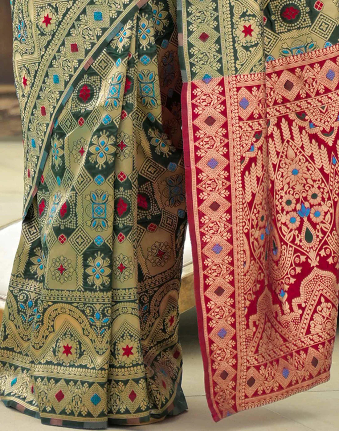 Sage Green Patola Motifs Banarasi Silk Saree with pink pallu