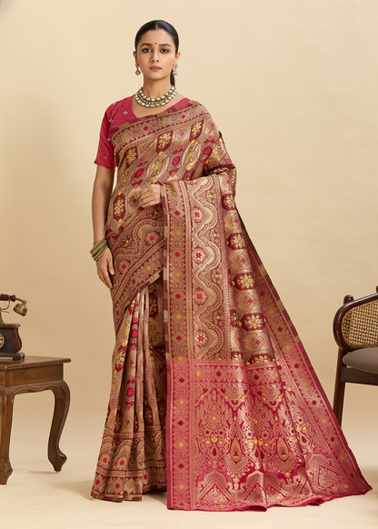 Maroon Banarasi Silk Saree with All-Over Gold Zari Work